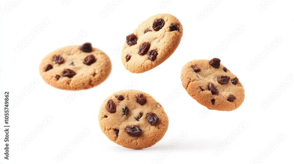 Poster set of raisin butter cookies isolated on a white background with cookies in motion as if flying thro