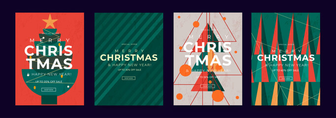 Christmas Sale. Modern Design Set with Graphic Elements. Merry Christmas and Happy New Year for Advertising, Web, Social Media, Poster, Banner, Cover. Minimalist Art Xmas Typography.