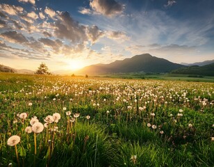 Beautiful simple landscape on the hills, flowers and beautiful clouds