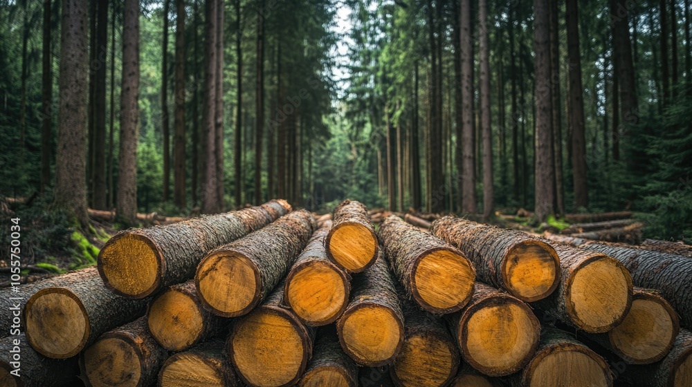 Poster Pine and spruce trees in a forest with stacked log trunks highlighting the timber industry A panoramic view of wooden trunks in a natural setting