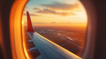 Airplane wing view during sunset, clouded sky, nature and travel scenery.