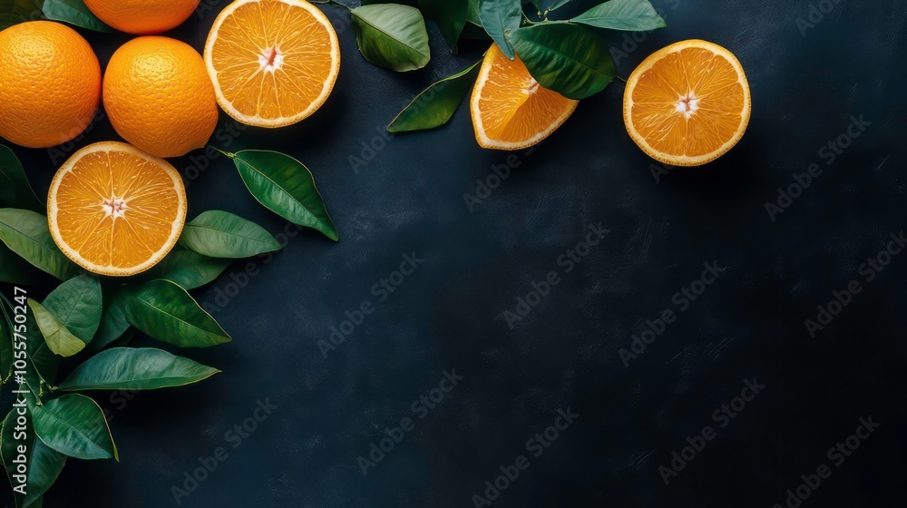 Poster a flat lay of fresh oranges and green leaves on a dark surface.