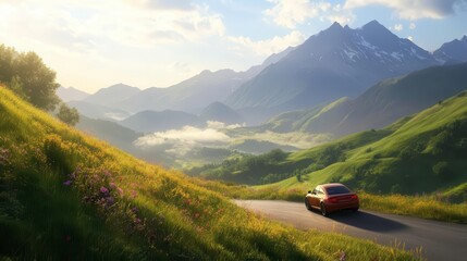 Fototapeta premium Car driving through scenic mountain landscape with lush green hills and blue skies.