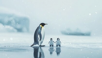 Fototapeta premium A solitary emperor penguin stands in snowy ice with two chicks, embodying the beauty of the Antarctic wilderness.