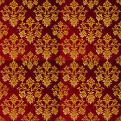 Elegant Gold Floral Damask Pattern on Rich Red Background with Ornate Details