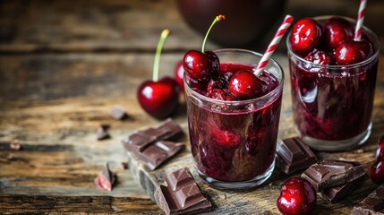 Juicy cherries and chocolate bits served in glasses with cherry juice on a rustic table