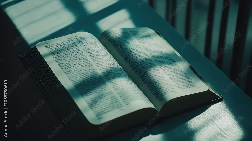 Poster open book with text and shadows on a white surface