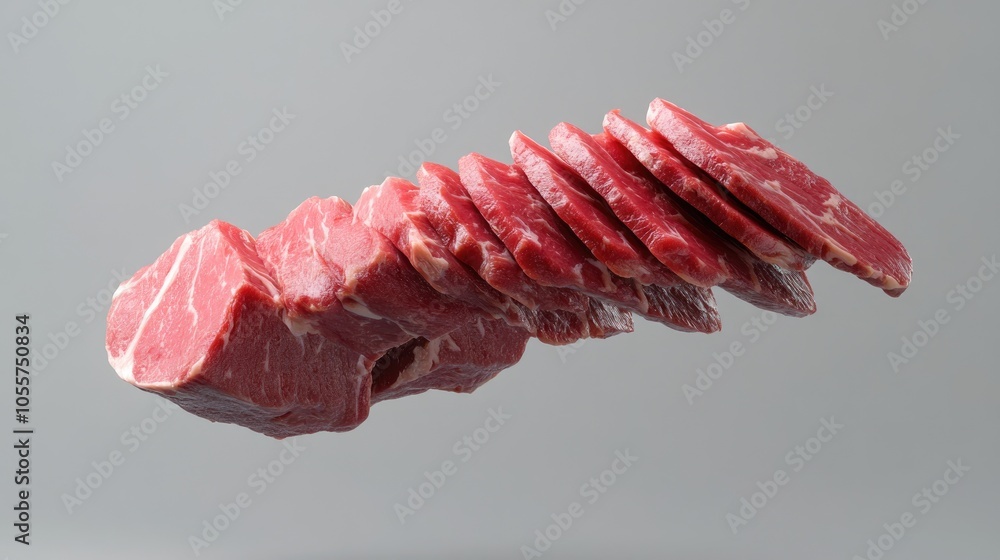 Poster Sliced beef floating on a gray background showcasing fresh meat in a 3D rendering with realistic textures and soft shadows