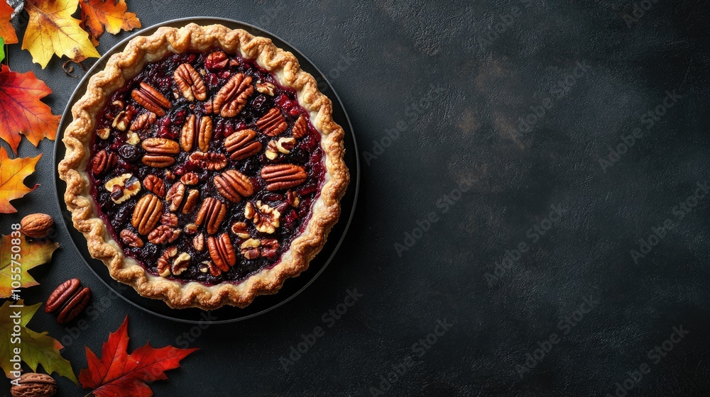 Poster Cranberry pecan pie presented on a dark surface flat lay perspective with ample copyspace autumn inspired dish suitable for festive culinary themes