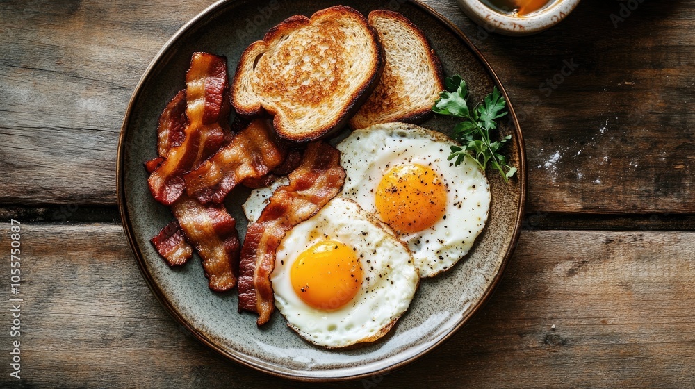 Aufkleber hearty breakfast arrangement on a large plate featuring eggs bacon and toast presented on a rustic w