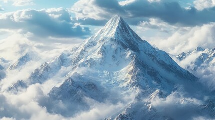 Majestic mountain peak covered in snow surrounded by dramatic clouds creating a stunning landscape