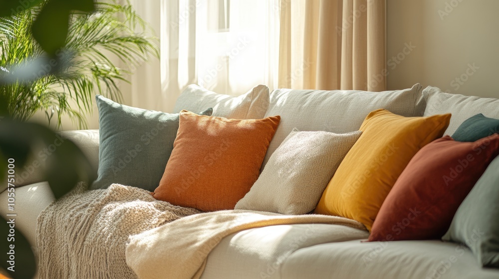 Aufkleber couch adorned with numerous pillows in an interior space featuring a banner and ample copy space