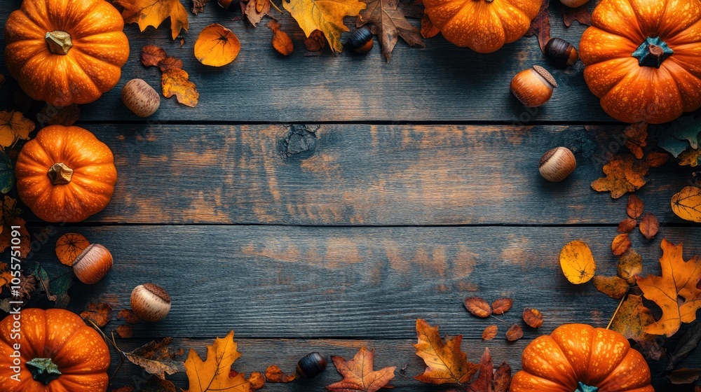 Poster autumn themed backdrop featuring pumpkins acorns and leaves arranged on a rustic wooden tabletop fro