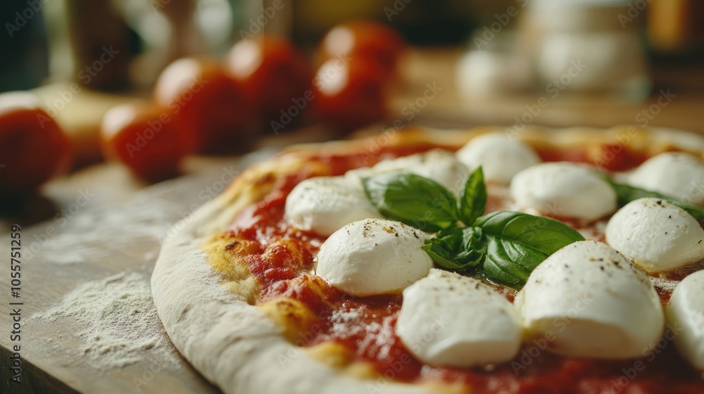 Poster close up of a whole pizza with fresh mozzarella cheese blurred ingredients on the dough in the backg