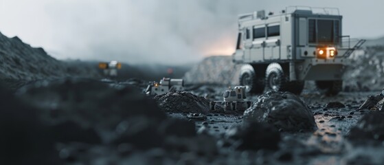 Lunar expedition rover navigates a rugged moonscape, hinting at exploration and technological advancement.