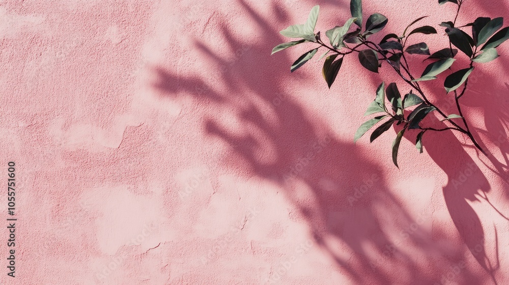 Poster leaves shadow cast on a textured pink concrete wall featuring roughness and irregularities an abstra