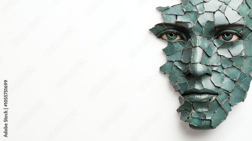 Poster the image features a fragmented face composed of broken pieces, creating a striking visual effect th