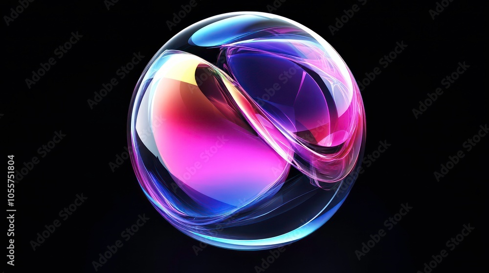 Poster a colorful, abstract sphere with smooth curves and reflective surfaces against a dark background.