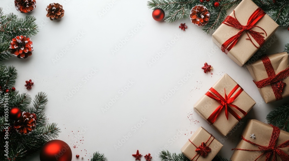 Poster christmas composition featuring gifts fir tree branches and red decorations on a white background co