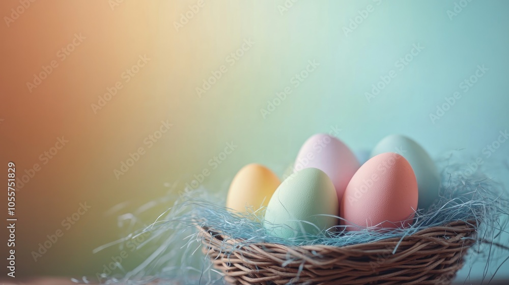 Poster vibrant easter eggs in a woven basket set against a colorful backdrop soft pastel shades of easter e
