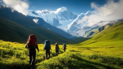 Fototapeta premium Group of hikers trekking through lush green valley with majestic mountains backdrop.