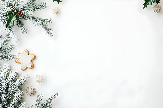 Festive arrangement with a gingerbread cookie and holiday greenery on a white background.