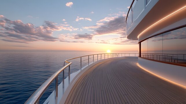 Luxury yacht bow deck photographed at sunrise, featuring teak wood flooring, curved white railings, and calm ocean horizon in golden morning light.