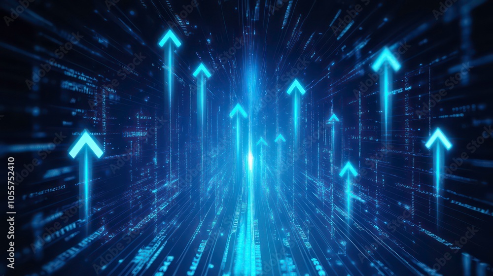 Poster Abstract representation of upward movement with digital elements and arrows.