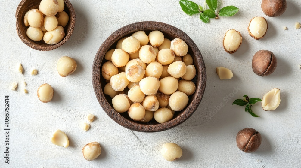 Poster top view of organic macadamia nuts on a white table