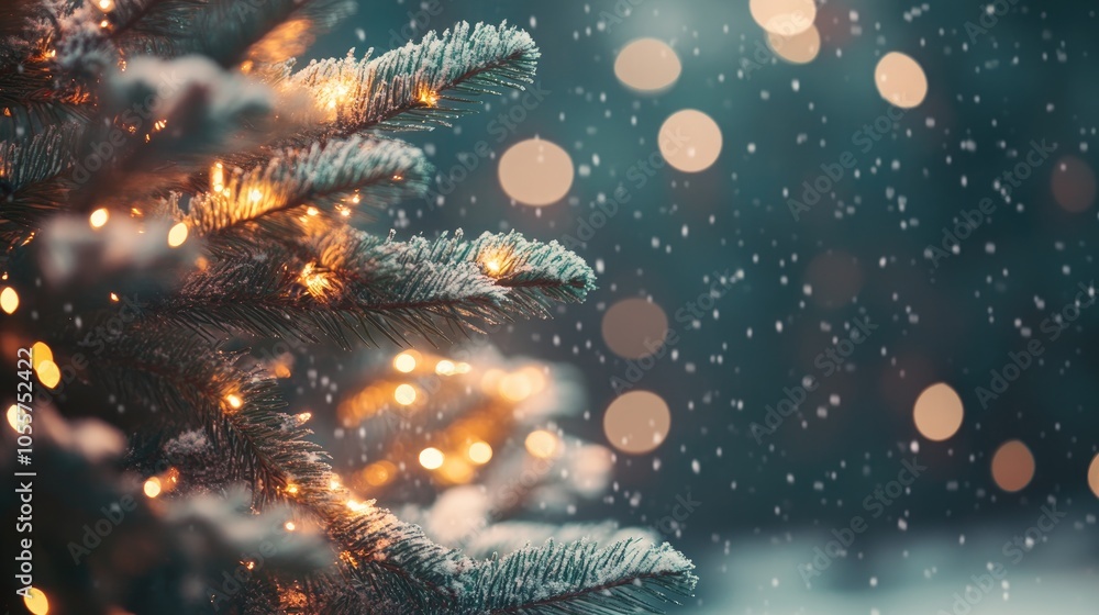 Poster illuminated christmas tree with a softly blurred snowy background
