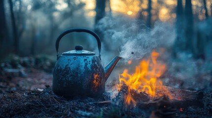 Sooty kettle boiling over a campfire surrounded by smoke in a wooded setting with a hot beverage inside