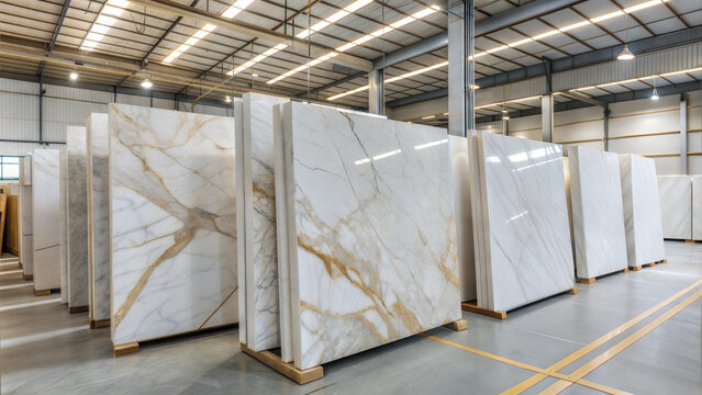 Marble slabs in a warehouse with natural patterns for construction and interior design