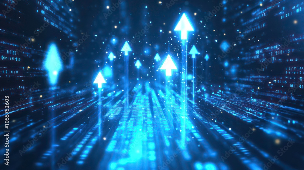 Poster abstract digital visualization with upward arrows and flowing data streams.