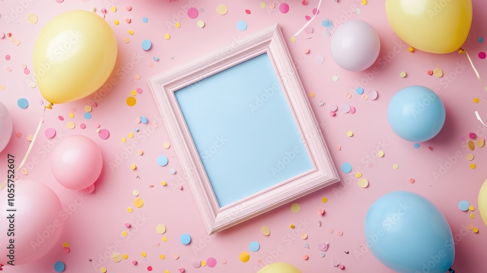 Poster birthday mockup featuring a frame pastel balloons and confetti arranged on a pink tabletop viewed fr