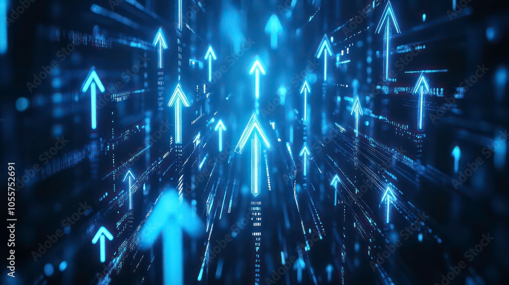 Poster A digital landscape with glowing arrows representing progress and direction in technology.