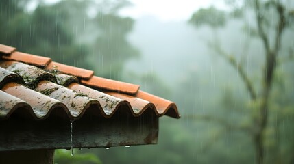 Charming European House Roof with Terracotta Tiles - Rustic Wooden Gutter in Serene Rainy Rural Landscape