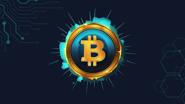 BITCOIN BUTTON ON BLUE BACKGROUND