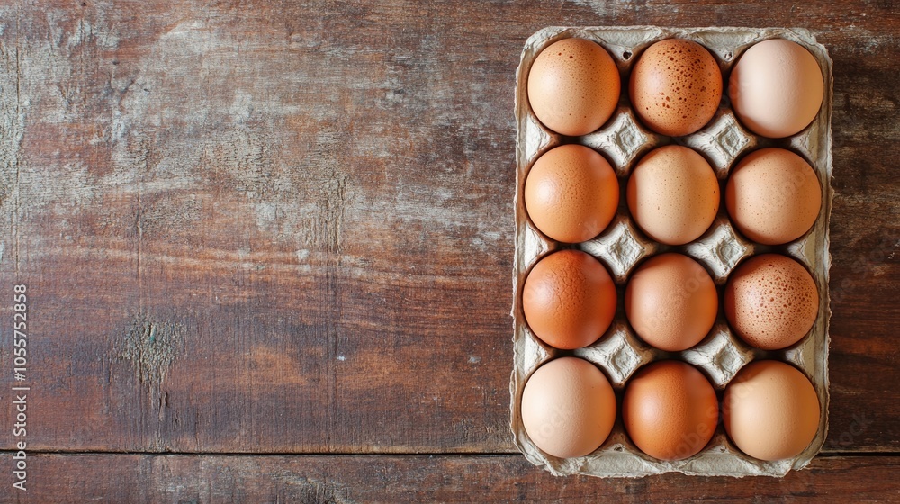 Poster fresh chicken eggs in a carton placed on a rustic wooden table