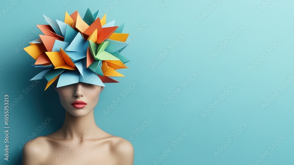 Poster a creative representation of a woman with a colorful array of paper shapes on her head, symbolizing 