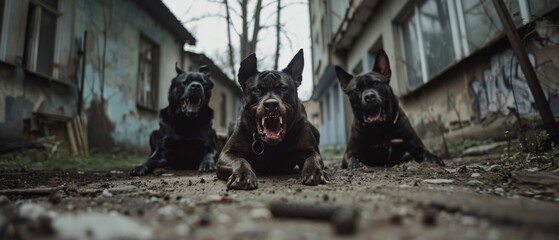 Three fierce dogs snarl intensely in a dilapidated urban area, showcasing raw power, territoriality, and the untamed spirit residing within city chaos.