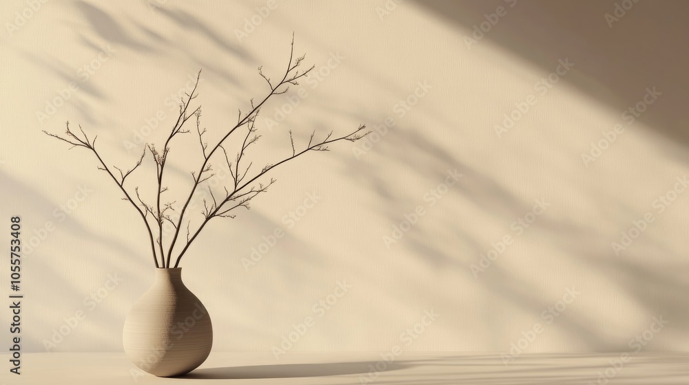 Poster A minimalist design features a vase with delicate branches creating subtle shadows on a softly hued backdrop