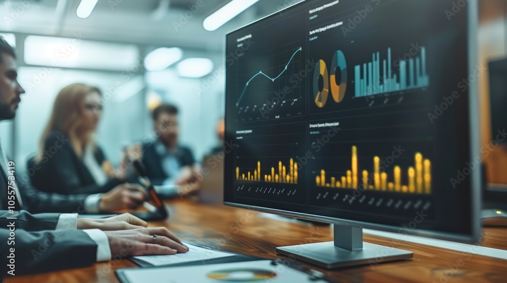 Poster a business team in a conference room, discussing tax law updates with charts and graphs on a present