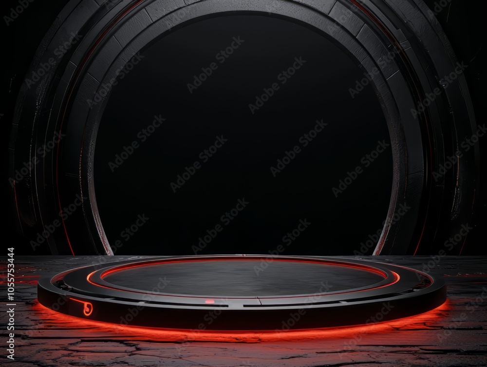 Poster futuristic circular platform with red lighting on a dark surface, isolated background