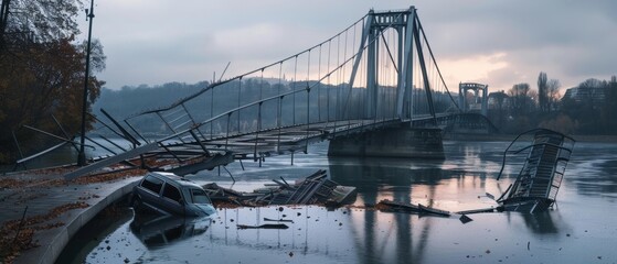 A collapsed suspension bridge stretches into the misty distance, casting a melancholic silhouette against the soft twilight sky.