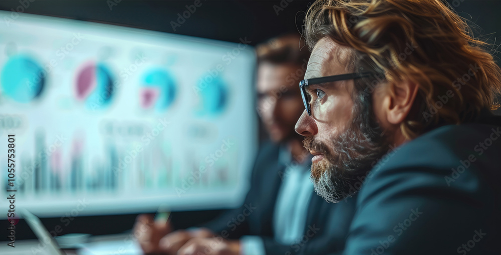 Poster a business team in a conference room, discussing tax law updates with charts and graphs on a present