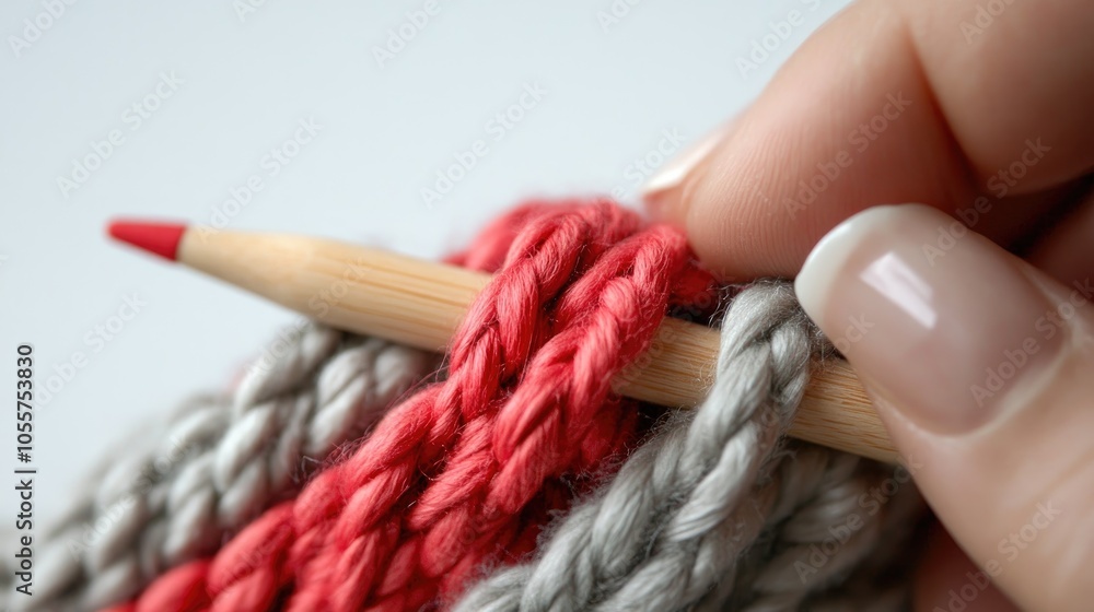 Poster step by step process of looping on knitting needles using wool and cotton yarn