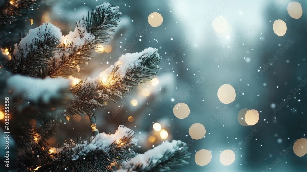Poster illuminated christmas tree with a softly blurred snowy background
