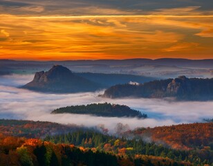 Rolling fog along Sandy River Valley in Clackamas County Oregon during sunrise