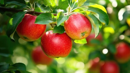 Obraz premium Ripe organic red apples growing on branches surrounded by lush green leaves in a sunny orchard
