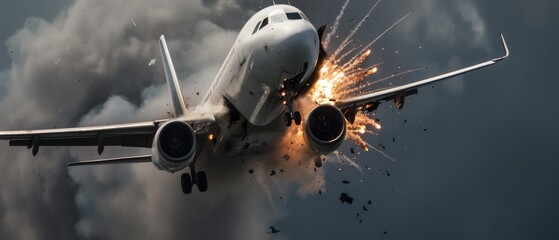 An airplane in a terrifying nosedive, engulfed in flames and smoke, creating an intense and urgent scene against a darkened sky.